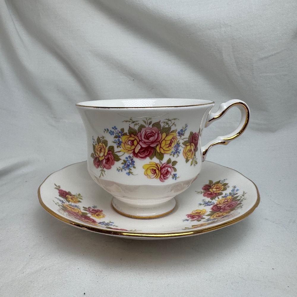 Vintage Royal Vale Tea Cup and Saucer Set Pink Yellow Roses Bone China England